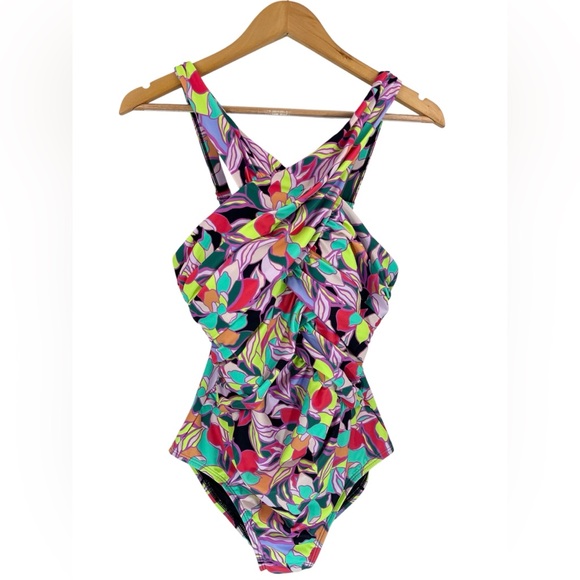 NWT Swimsuits For All High Neck Wrap One Piece Swimsuit Wild Neon Floral Size 10 - Picture 2 of 11